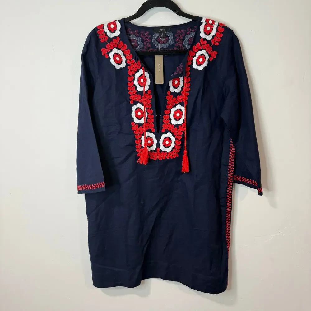 J. Crew‎ Embroidered Beach Tunic Dress NEW Navy Red White Small Linen Cotton